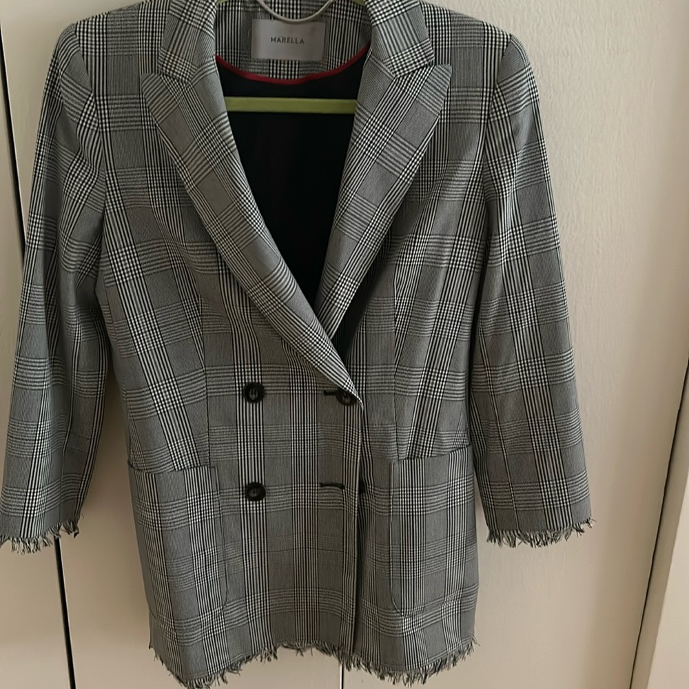Marella houndstooth lightweight jacket with fringe detailing